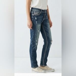 Paisley Sky Blue Embroidered Jeweled Distressed Cropped Ankle Jeans Size 6